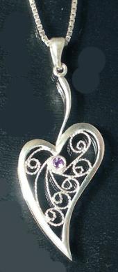 Filigree heart pendant with amethyst